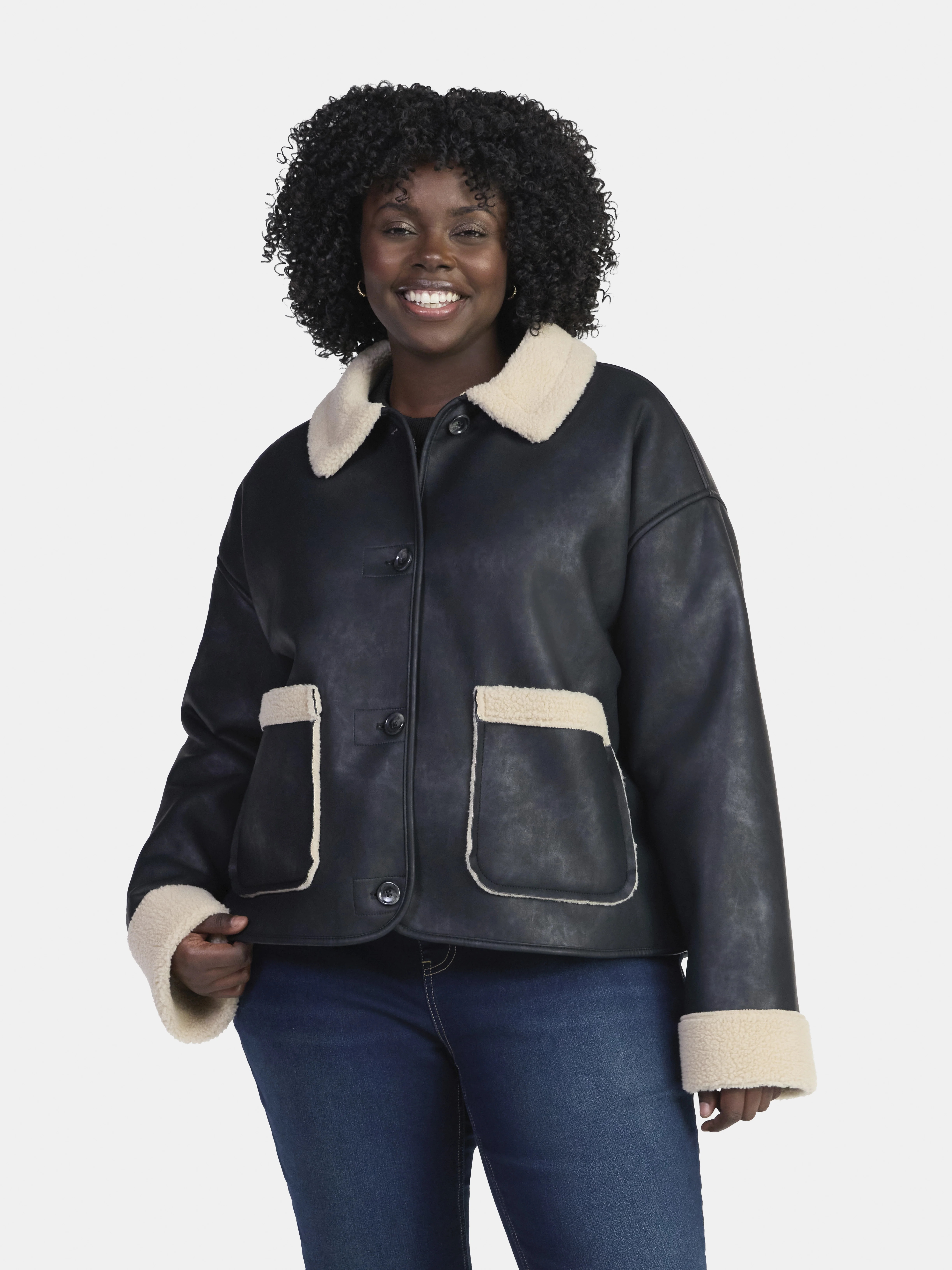 Time and Tru Women's and Women's Plus Bonded Faux Shearling Jacket, Sizes XS-2X | Walmart (US)