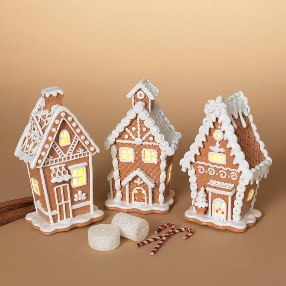 One Holiday Way Set of 3 7-Inch Lighted Brown & White Gingerbread Houses - Decorative Light Up Fa... | Amazon (US)