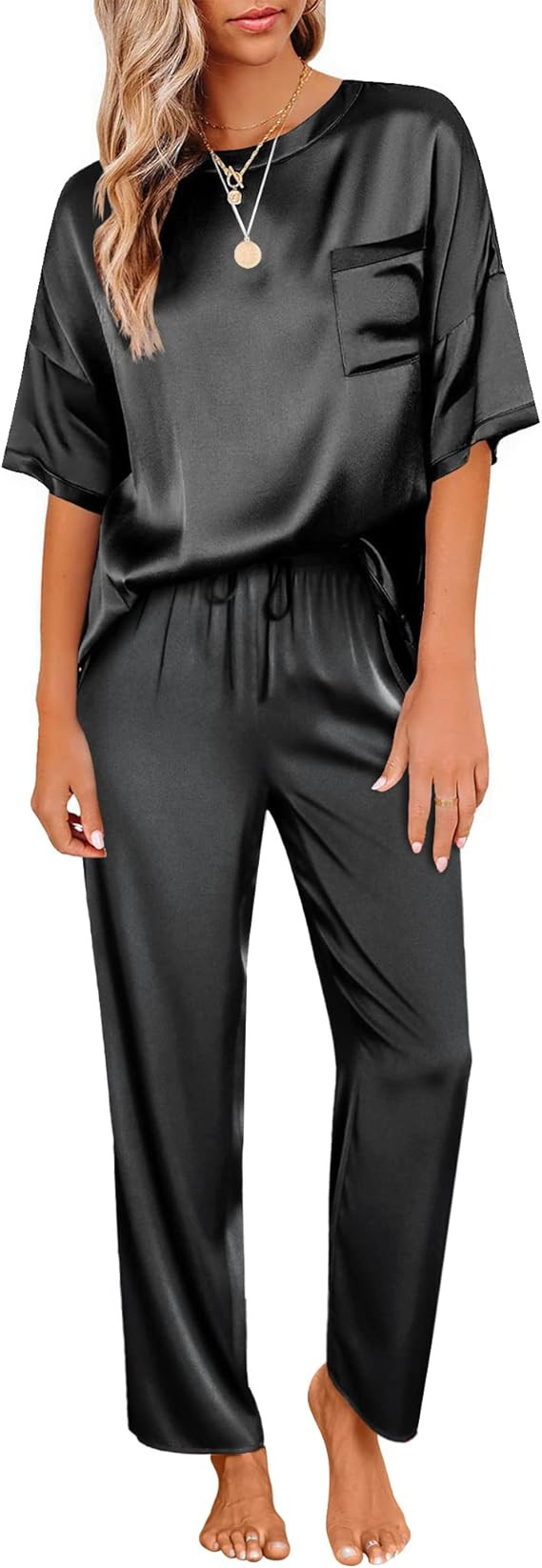 Ekouaer Womens Satin Silky Pajama Set Short Sleeve Shirt with Long Pajama Pant Set Soft PJ Lounge... | Amazon (US)