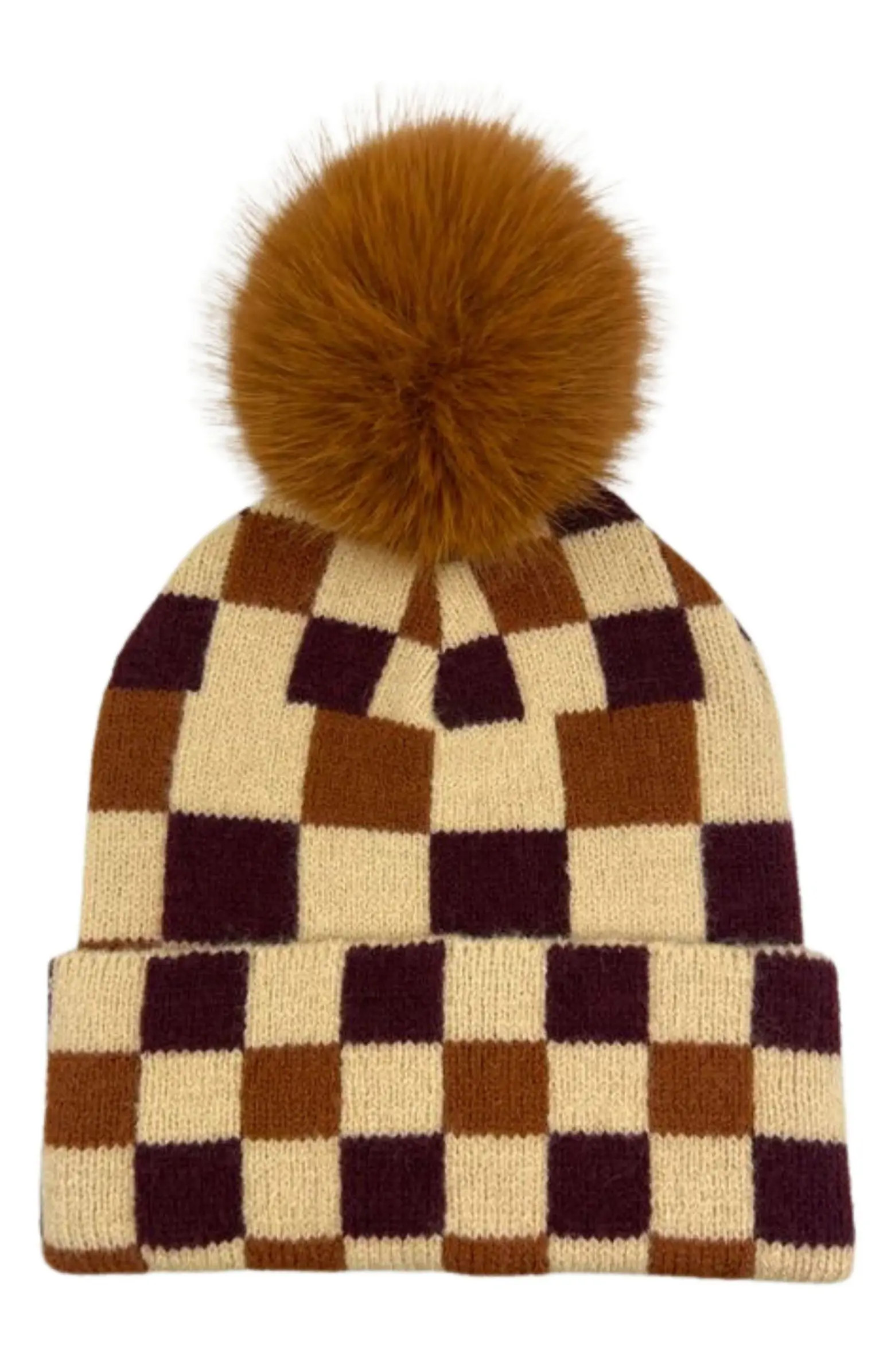 MARCUS ADLER Checkered Faux Fur Pompom Beanie | Nordstromrack | Nordstrom Rack