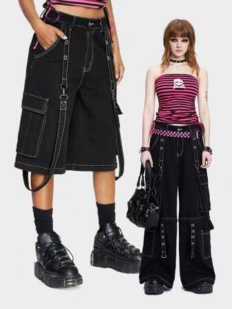 ROMWE Grunge Punk Zipper Fly Flap Pocket Wide Leg Jeans, School | SHEIN USA | SHEIN