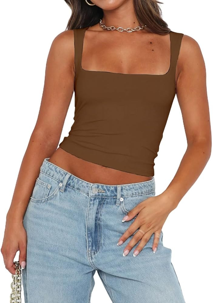 Abardsion Womens Sexy Crop Top Summer 2024 Square Neck Sleeveless Double Layer Going Out Tank Top... | Amazon (US)