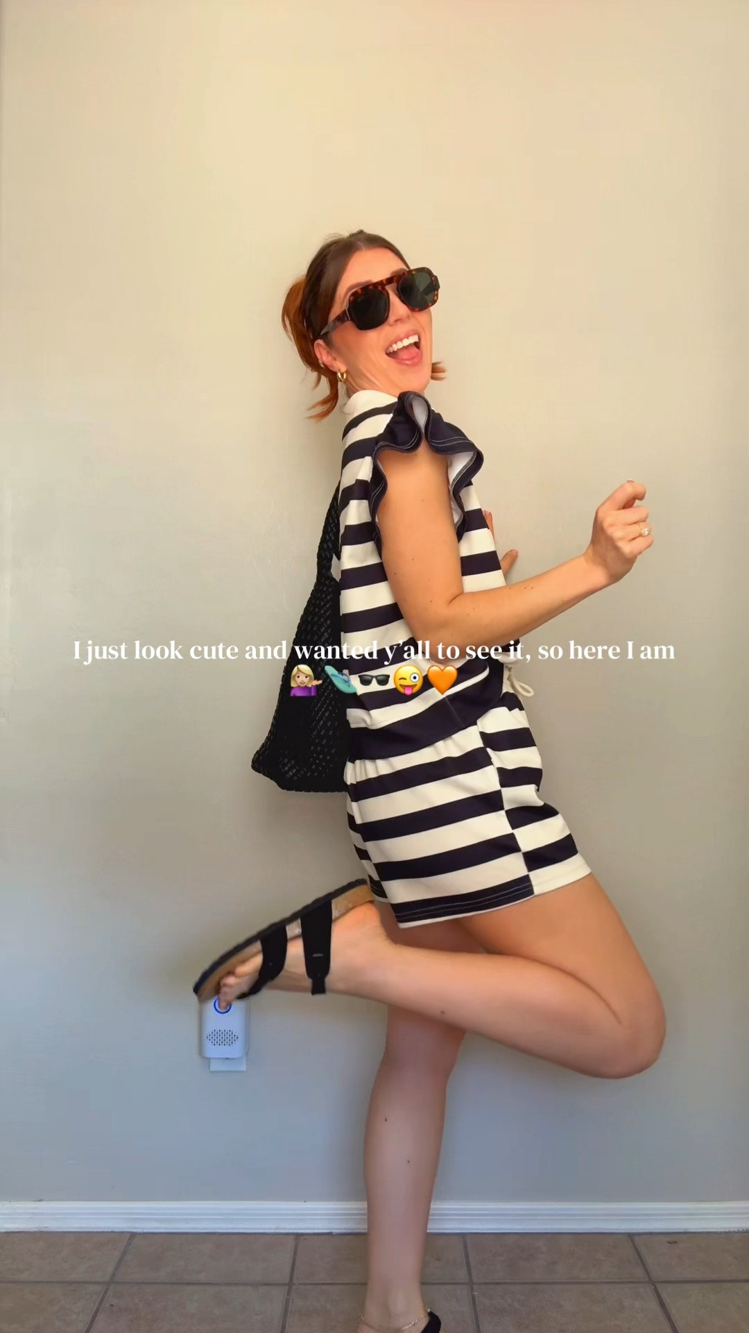 Striped ruffle sleeves matching set size S. Black cork slides, comfy but wide up 1/2 a size. Black woven bag- literally the best quality- worth the price 👌🏻🧡. Sunglasses com in a 3 pack, takes some time to loosen up as they are tight but so perfect once they do!

#LTKmomlife #LTKootd #LTKPetite