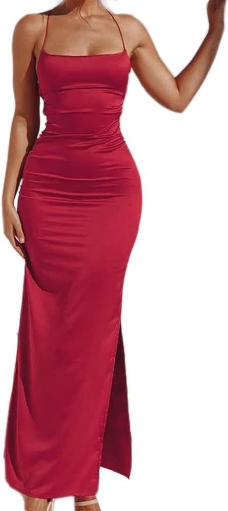 Just Quella Women Maxi Dress Satin Strappy Backless Evening Party Dress with Slit | Amazon (US)