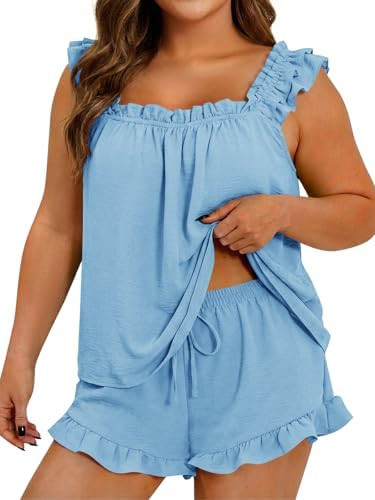 Beautife Womens Plus Size 2 Piece Pajamas Set Ruffle Square Neck Tank Top Shorts Matching Sets Su... | Amazon (US)