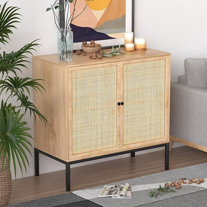 Sideboard with Handmade Natural Rattan Doors, Rattan Cabinet Console Table Storage Cabinet Buffet... | Amazon (US)