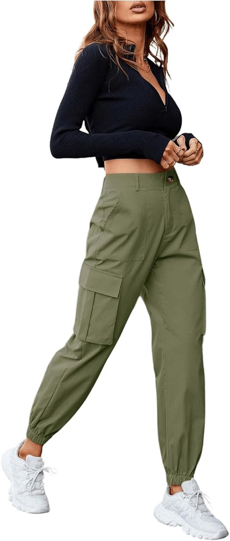 MakeMeChic Women's High Waist Cargo Pants Casual Button Hiking Jogger Pants Trousers | Amazon (US)