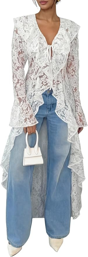 Lace Cardigan for Women Maxi Summer Lightweight Open Front Tie Bell Long Sleeve Ruffled Tops Dust... | Amazon (US)