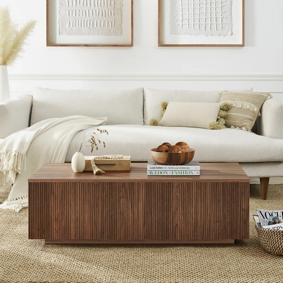 Reyes 48in Fluted Coffee Table with Low Profile Solid Base in Satin Walnut | Wayfair North America