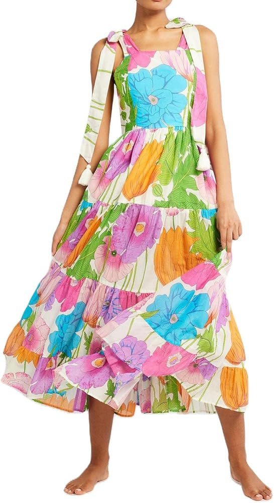 Women Summer Dresses Flowy Smocked Maxi Dress Sleeveless Tie Shoulder Boho Dresses Y2K Floral Bea... | Amazon (US)