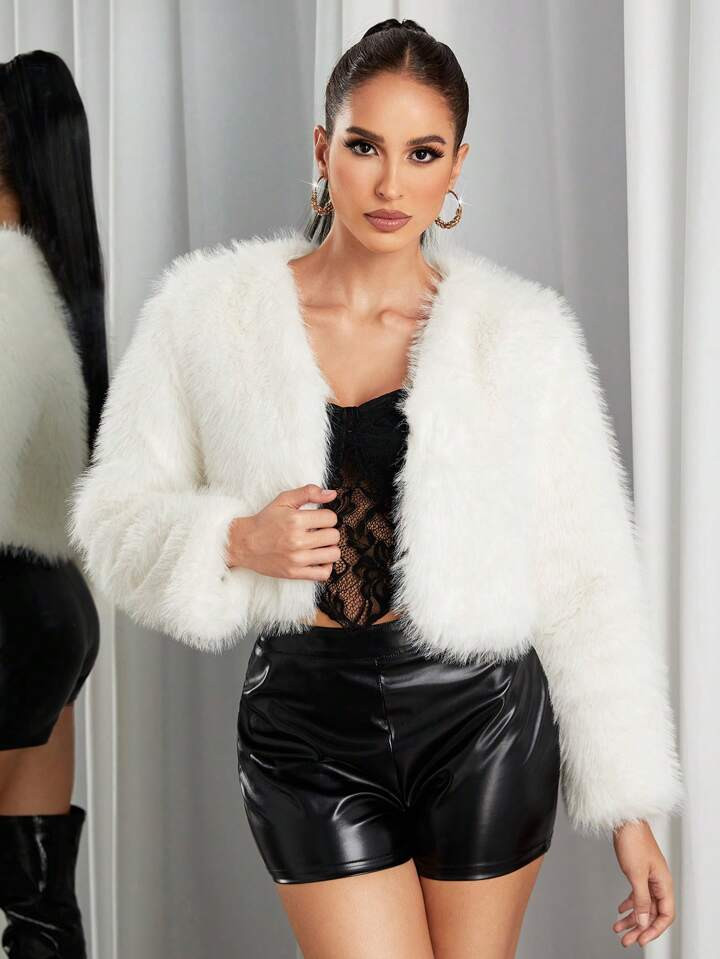 SHEIN BAE Solid Open Front Fuzzy Coat | SHEIN