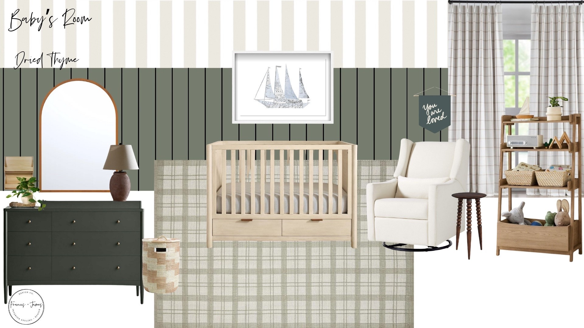 Baby room, boys room, kids room, baby boy nursery, sailboat room, nautical baby room, plaid room, you are loved, green dresser, wooden mirror, wooden shelf, wooden shelves, baby room, book rack, lamps for baby room, neutral wallpaper, striped wallpaper, bead board bedroom, sailboat art

#LTKHome #LTKBump #LTKBaby