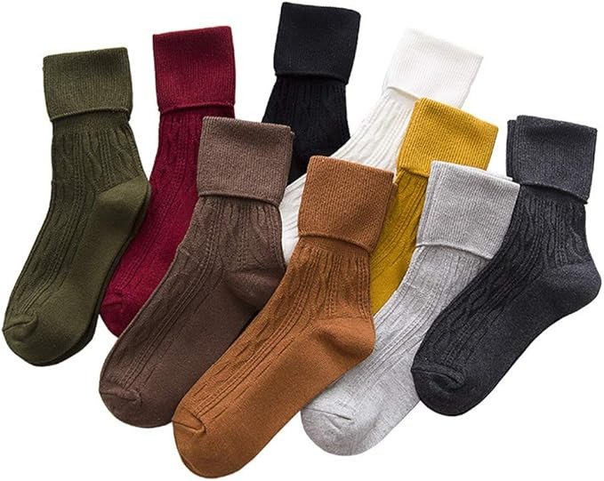 9 Pairs Women's Crew Socks Long Knit Turn Cuff Cotton Slouchy Calf socks for Women Girls Ladies | Amazon (US)