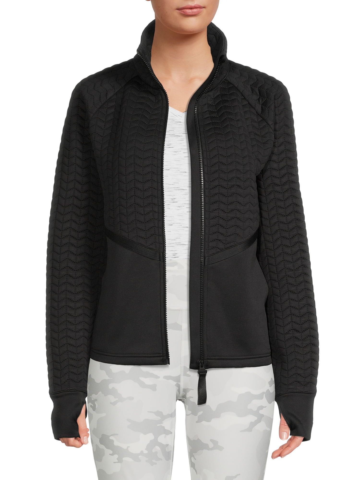 Avia Women's Full Zip Quilted Mixed Media Jacket With Thumbholes - Walmart.com | Walmart (US)