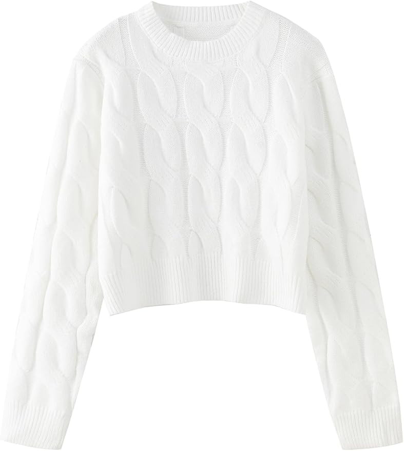 DAIMIDY Women's Cropped Sweater Chunky Crew Neck Cable Knit Jumper Tops | Amazon (US)