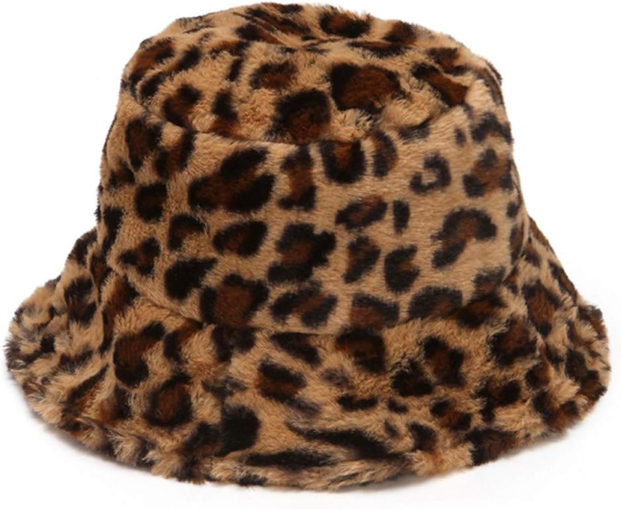 Women's Leopard Print Faux Fur Bucket Hat Fluffy Winter Warmer Plush Fisherman Cap | Amazon (US)