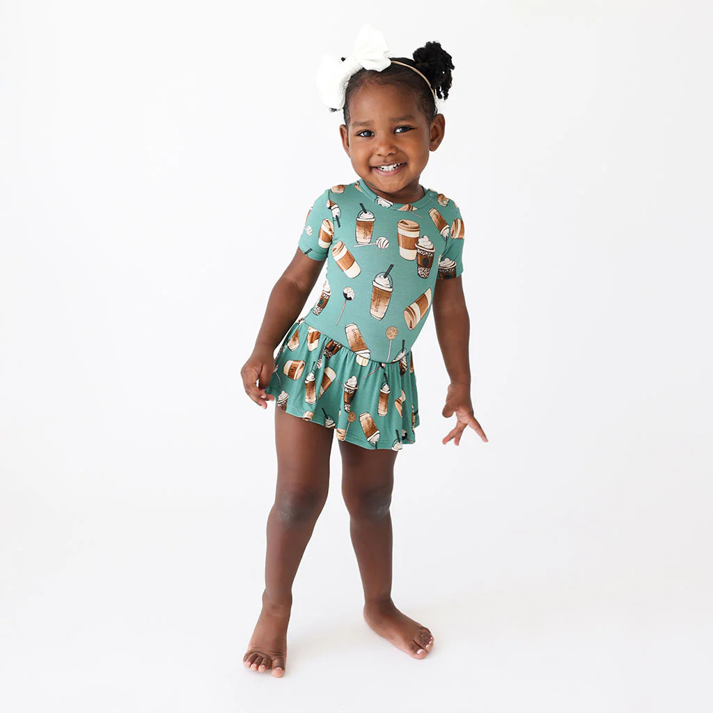 Coffee Green Baby Girl Twirl Skirt Bodysuit | Morning Brew | Posh Peanut