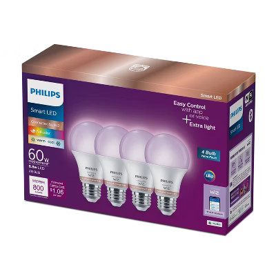 Philips 4pk Smart Wi-Fi 60W Multi-colored LED Light Bulbs A19: E26 Base, Voice Control, Dimmable,... | Target