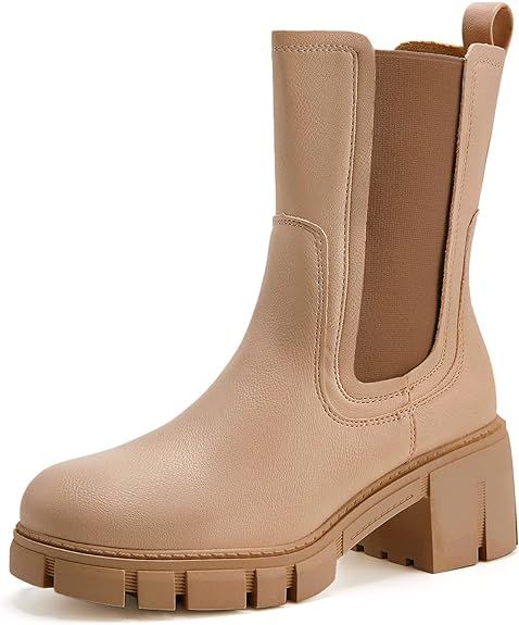 TINSTREE Women's Lug Sole Platform Boots Mid Calf Elastic Chunky Block Heel Leather Chelsea Booti... | Amazon (US)