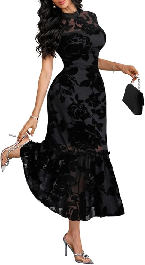 GothDark Women's Summer Floral Mesh Ruffle Casual Maxi Wedding Guest Dress | Amazon (US)