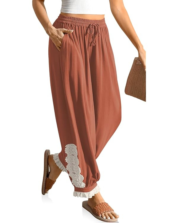 TARSE Women's Linen Harem Pants Boho Lace Trim Pants with Pockets | Breathable linen fabric, elas... | Amazon (US)
