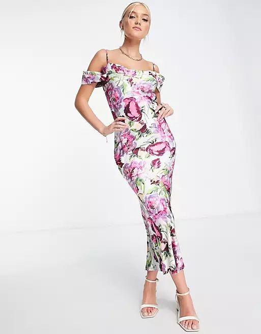 Hope & Ivy Kerry off shoulder printed dress in pink | ASOS (Global)