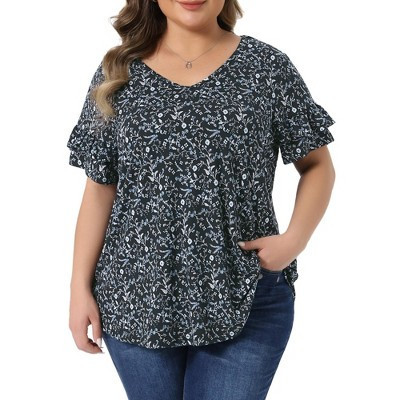Women's Plus Size Floral V Neck Ruffle Sleeve Summer Casual Blouses - Agnes Orinda 4X Black | Target