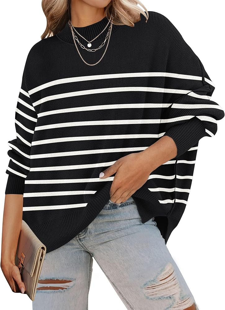 ZESICA Women's 2023 Fall Casual Long Sleeve Crew Neck Side Slit Oversized Ribbed Knit Pullover Sw... | Amazon (US)