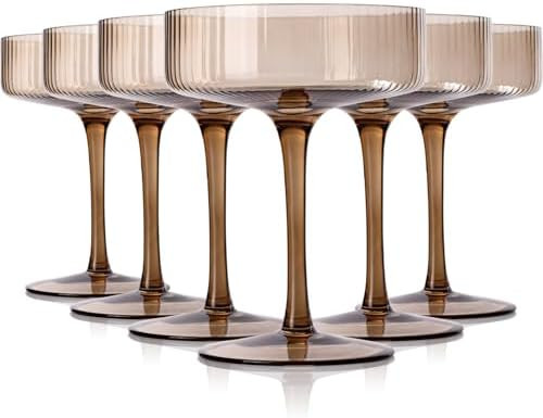 Smokey Sand coupe glasses Gray Vintage Art Deco Coupe Glasses Set of 6 Ribbed martini Cocktail Gl... | Amazon (US)