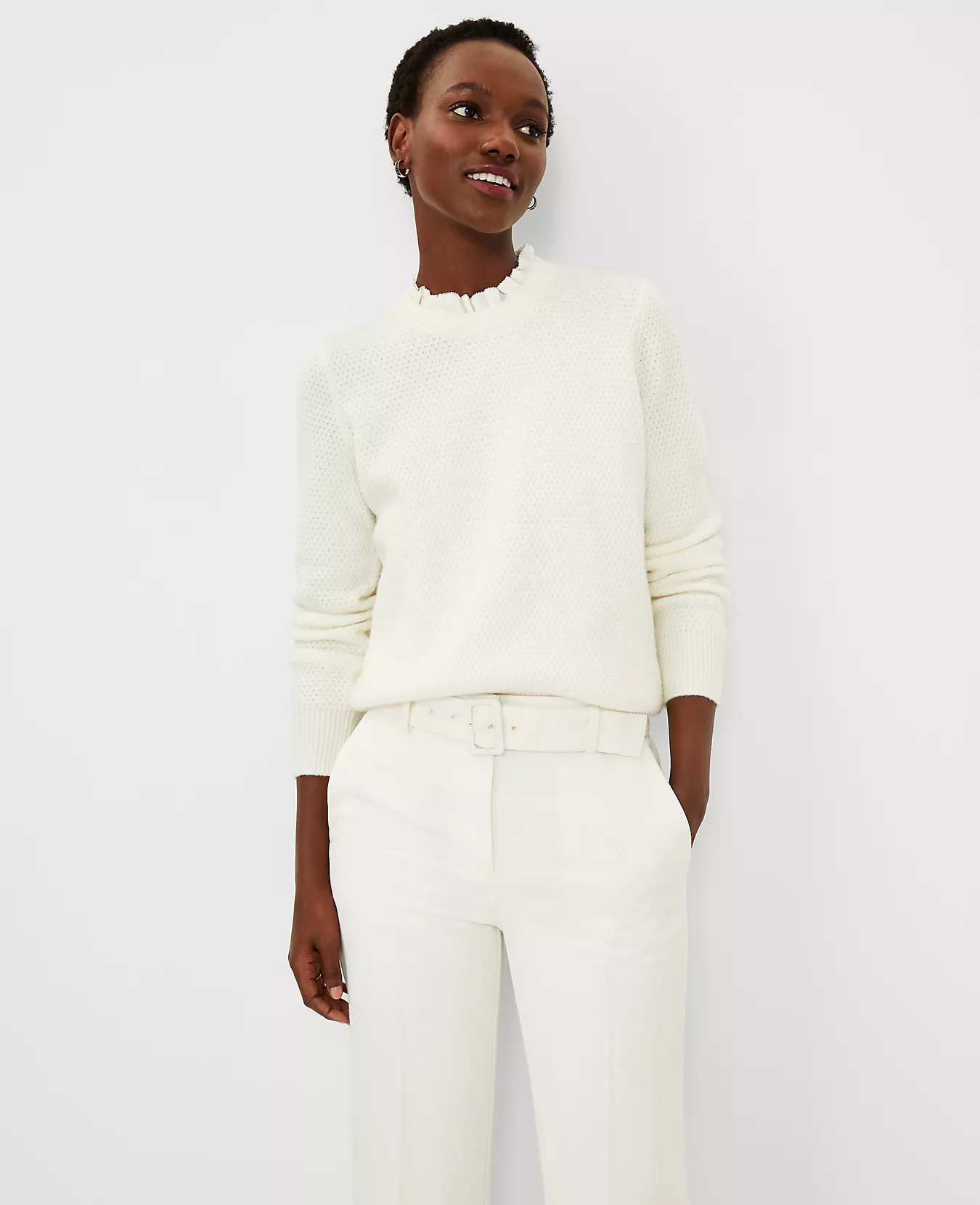 Ruffle Neck Mixed Media Sweater | Ann Taylor (US)