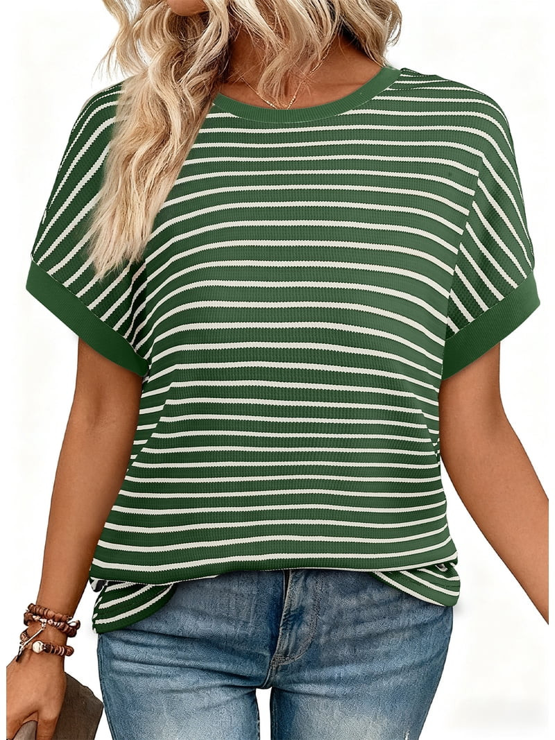 DOKOTOO Women's Short Sleeve T Shirts Summer Ribbed Knit Crewneck Striped Loose Basic Tee Casual ... | Walmart (US)