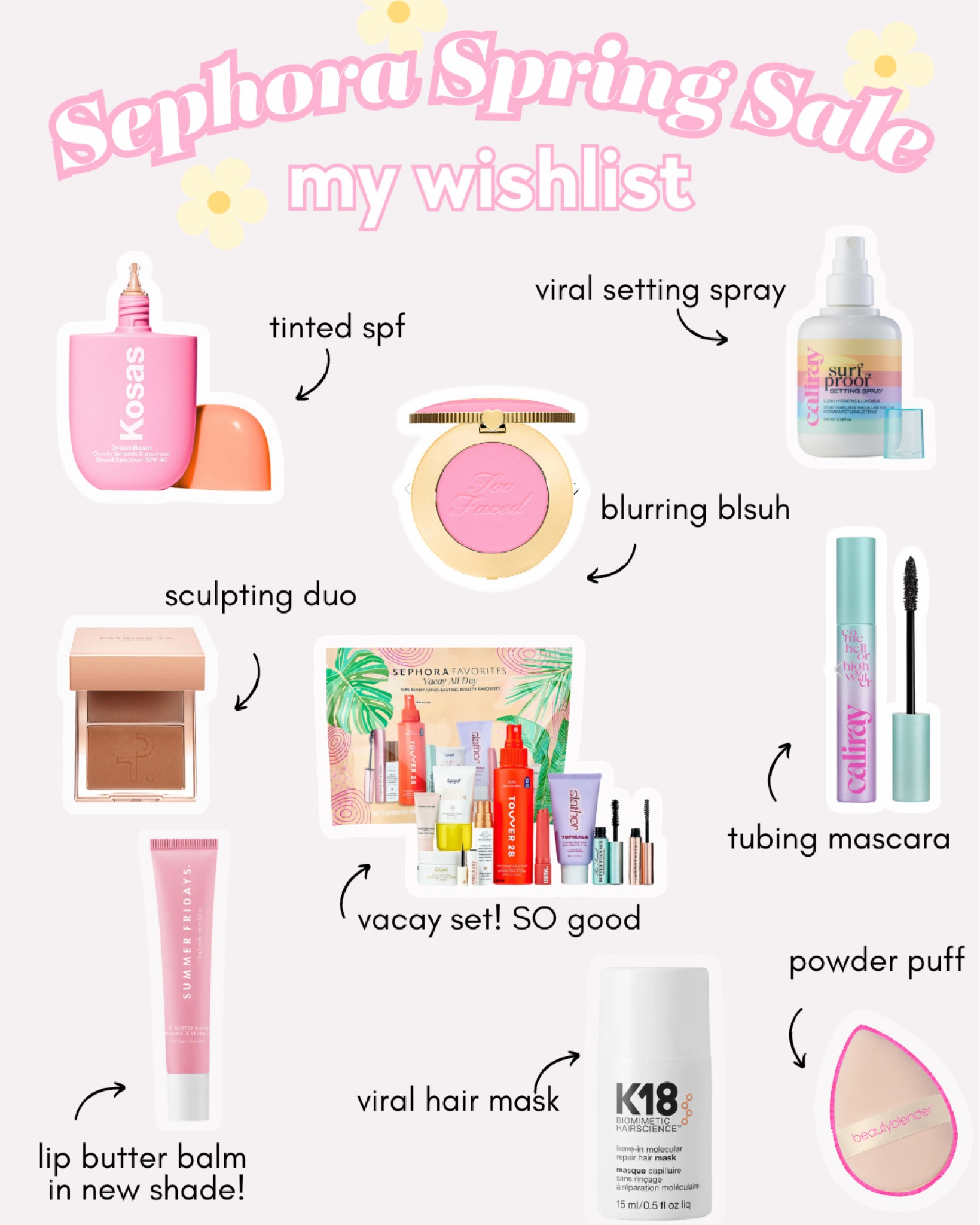 Sephora Spring Savings Event!!

Here is a list of products that are on MY wishlist! I am so excited to try the tinted spf, new mascara, setting spray that I’m going to keep in my beach bag, and the hair mask!

#LTKbeauty #LTKBeautySale #LTKFind