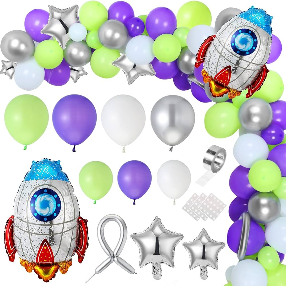 134 Pieces Buzz Birthday Party Balloon Garland Arch Kit 10 5 inch Purple Green Silver White Latex... | Amazon (US)