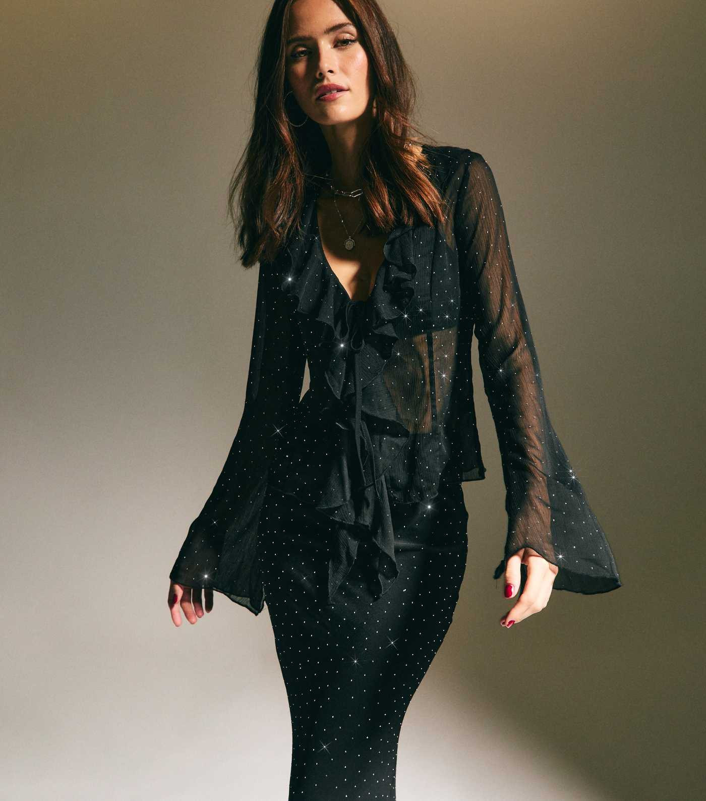 Black Tie Front Crystal Chiffon Blouse  | New Look | New Look (UK)