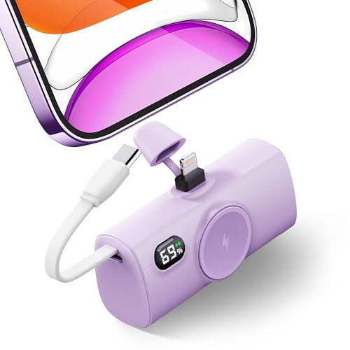 Tiny Purple Battery Pack Portable Charger for iPhone with USB C Cable Power Bank 5000mah Small External Emergency Charger for Samsung Galaxy,Plug-in Mini Power Bank Battery for iPhone 14/13/12 | Amazon (US)