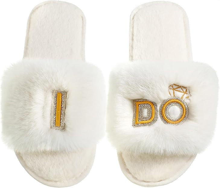 SATINIOR Bride Slippers I Do Slippers for Bride White Wedding Slippers Fuzzy Slippers Bridal Part... | Amazon (US)