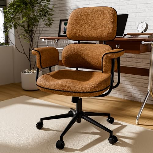 Fabric Office Chair with Granular Linen, Mid Back Vintage Desk Chair with Wheels and Wide Arms, Mid Century Modern Home Office Desk Chairs with Memory Foam Seat Cushion, Adjustable Height, Brown | Amazon (US)