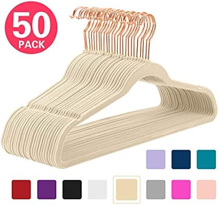 MIZGI Premium Velvet Hangers (Pack of 50) Heavyduty - Non Slip - Velvet Suit Hangers Ivory - Copp... | Amazon (US)