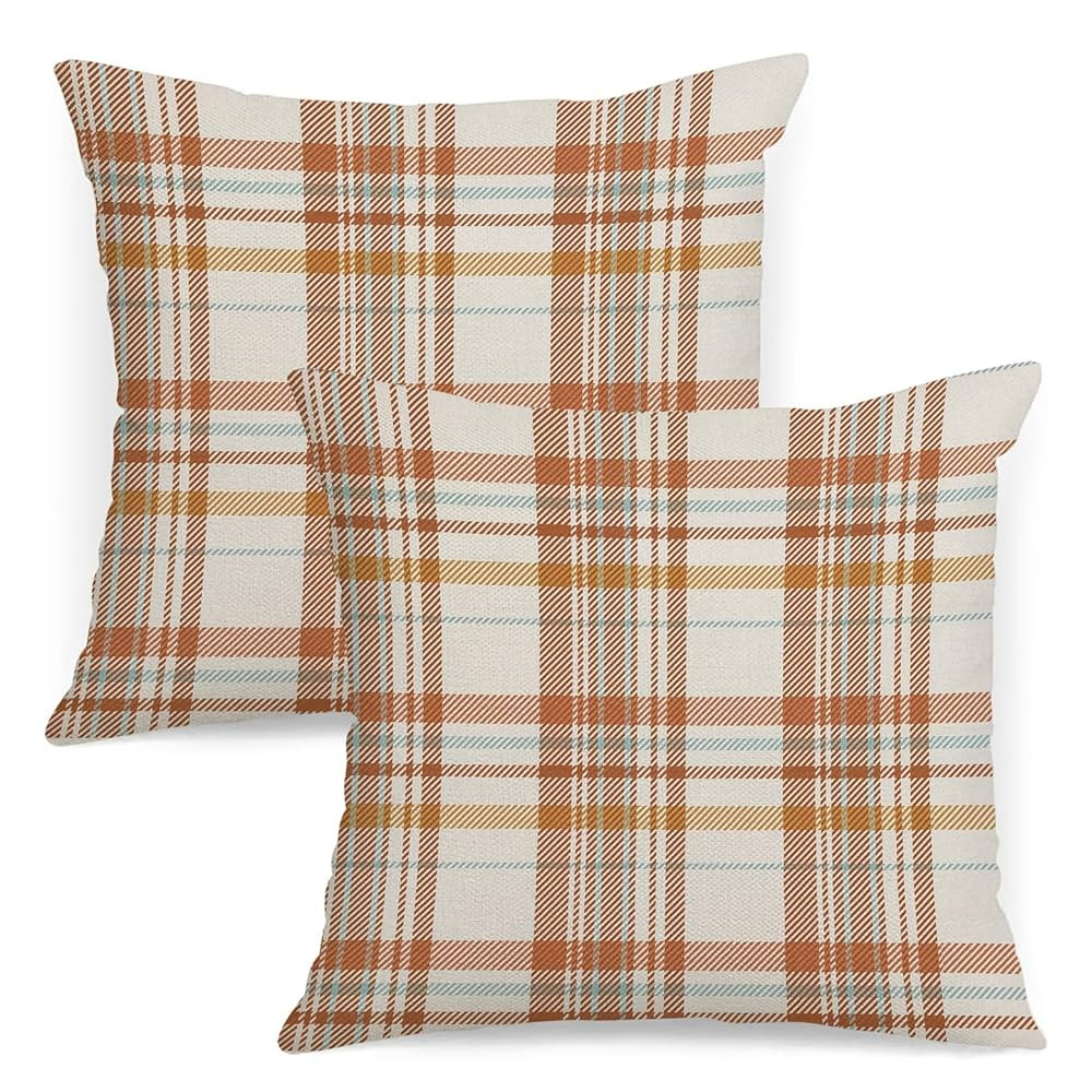 AOFANGGO Fall Pillow Covers 18x18 Set of 2 Autumn Decorative Throw Pillow Cases Orange Blue Plaid... | Amazon (US)