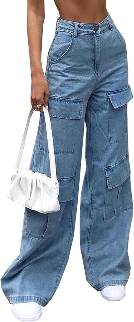Women's High Waist Baggy Jeans Flap Pocket Relaxed Fit Straight Wide Leg Y2K Fashion Cargo Jeans | Amazon (US)