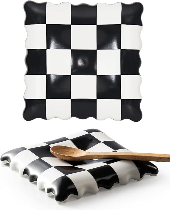 Ceramic Spoon Rest - Unique Checkered Spoon Holder Multipurpose for Stove Top, Kitchen Counter & ... | Amazon (US)