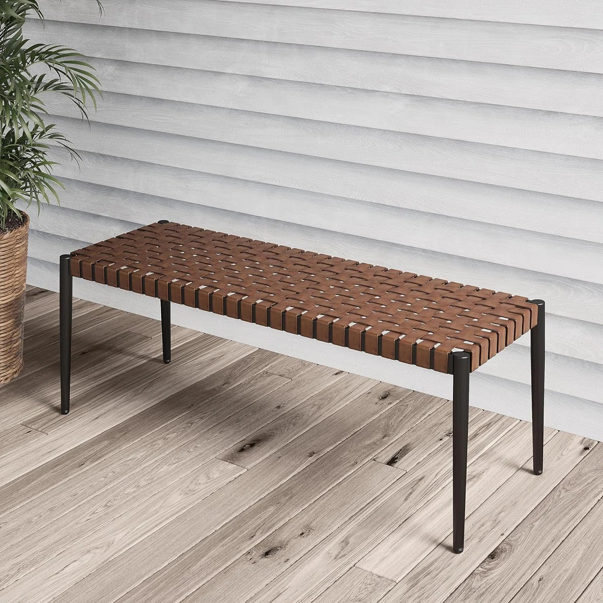 Olilawn Bench, 2-Seat Leather-Look Wicker Bench with Tapered Legs, outdoor Bench for Small Front ... | Wayfair North America