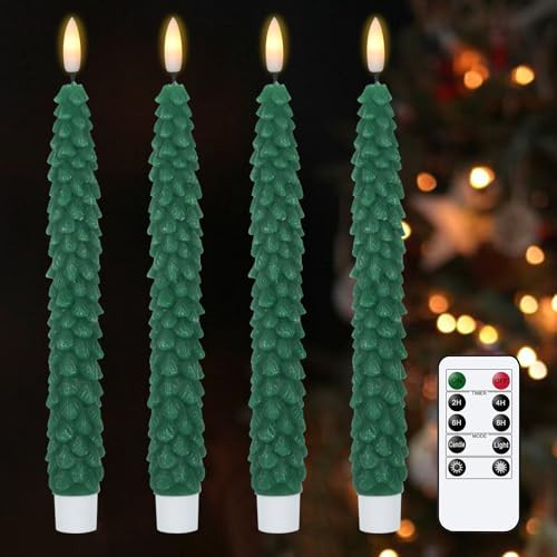 KunSwenn Christmas Tree Taper Candles Battery Operated, 4 Pack Christmas Taper Candles with Remote Timer, Green Real Wax LED Flameless Taper Christmas Candles Decorations Candlesticks(0.78” x 9.64”) | Amazon (US)