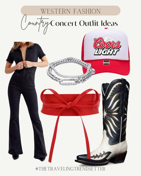Western fashion - country concert outfit idea - summer - Nashville outfit idea - cowgirl boots - cowgirl hat - trucker hat - jewelry - belt - jumpsuit / jumper - romper 

#LTKstyletip #LTKFestival #LTKfindsunder50