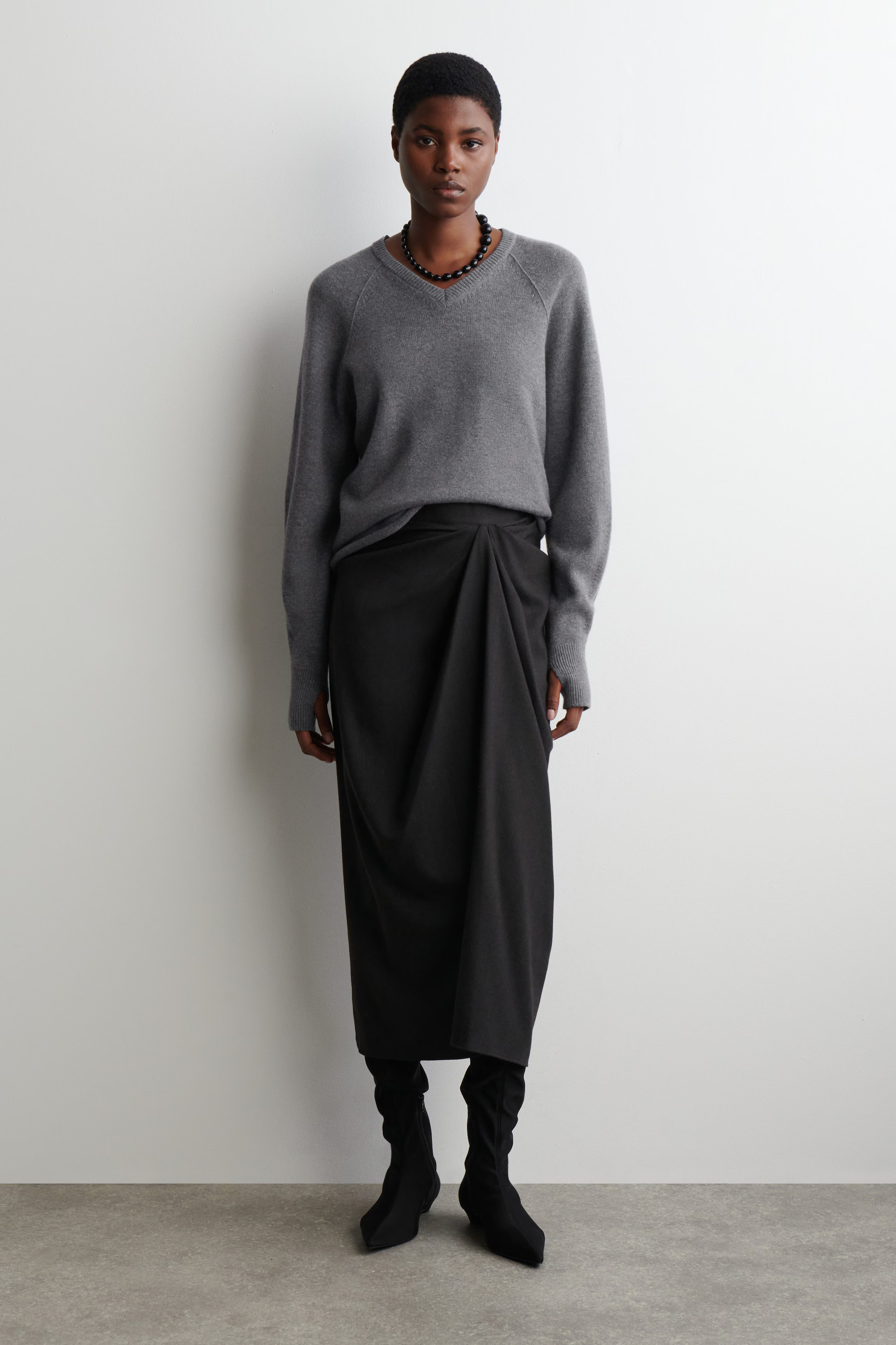 DRAPED WOOL-BLEND MIDI SKIRT - CHARCOAL MÉLANGE | COS | COS UK