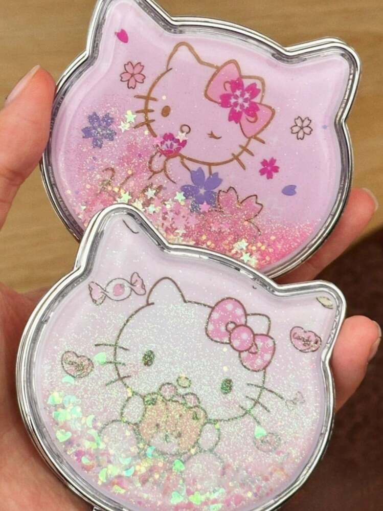 Sanrio HelloKitt Kawaii Quicksand Small Mirror Travel Portable Mini Quicksand Double-Sided Mirror... | SHEIN