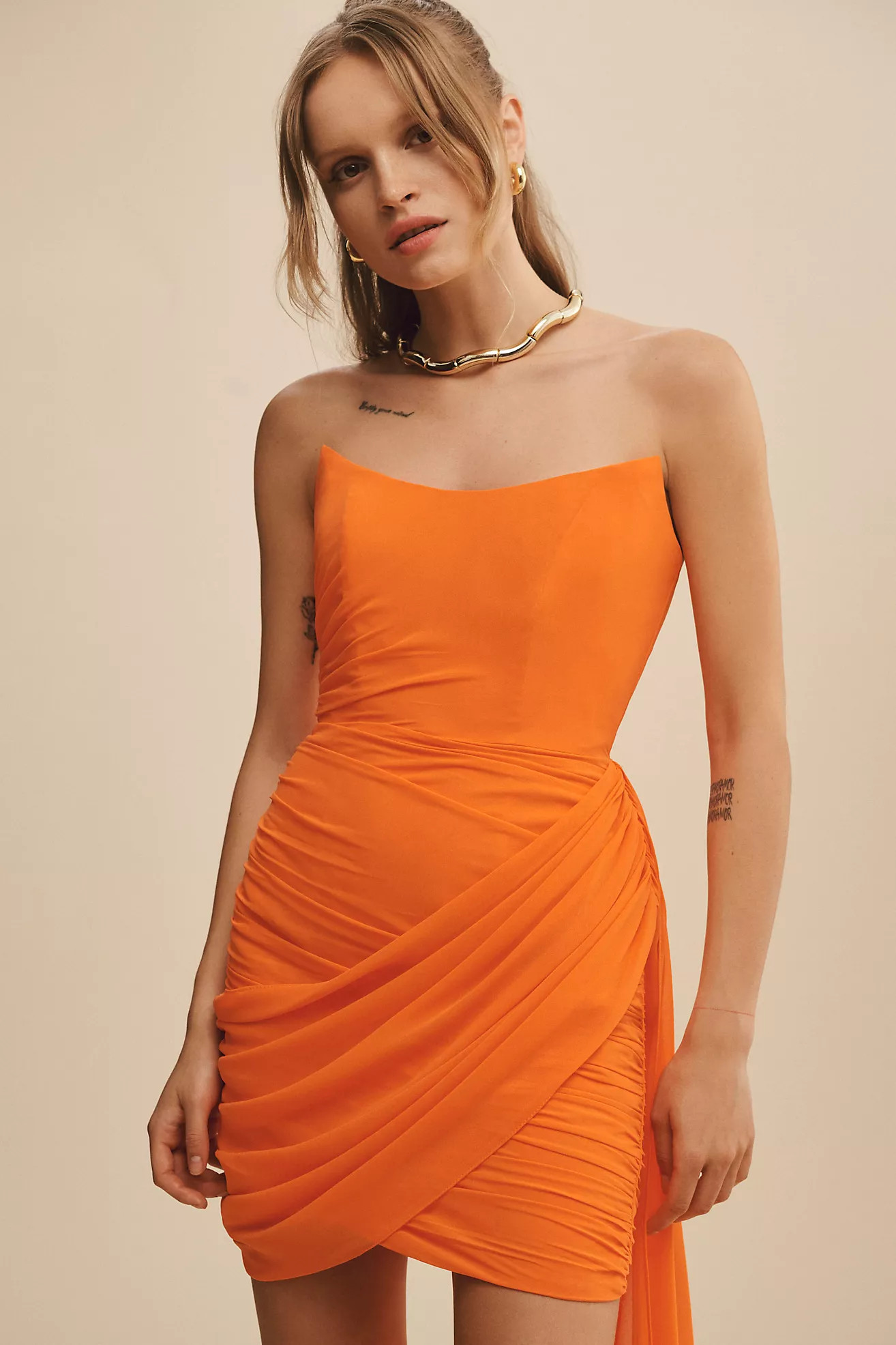 Ieena for Mac Duggal Strapless Ruched Faux-Wrap Mesh Mini Dress | Anthropologie (US)