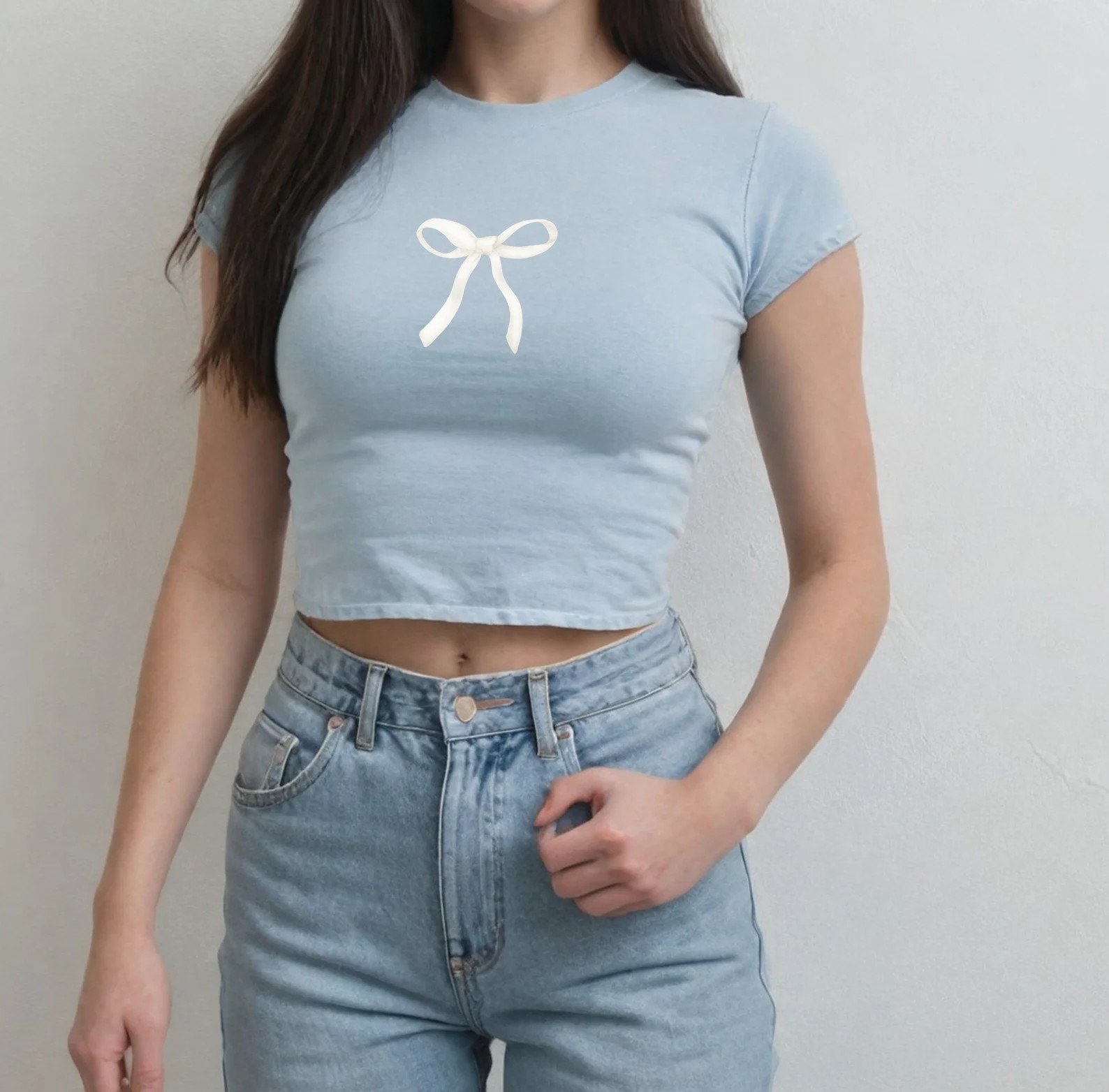 Bow Graphic Baby Tee: Girly Y2K Crop Top - Pastel Print, Soft Cotton, Youth Sizes | Etsy (Global)