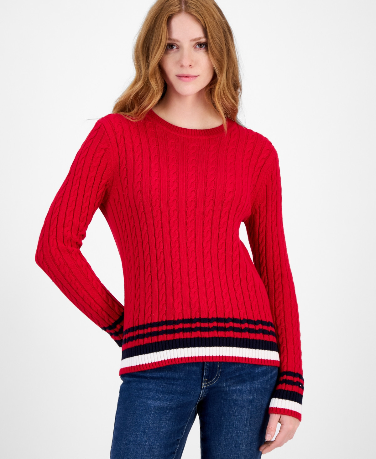 Tommy Hilfiger Women's Cotton Cable Knit Sweater - Scarlet | Macy's
