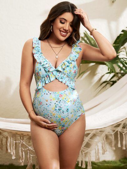 Maternity Ditsy Floral Print Cut-out One Piece Swimsuit | SHEIN